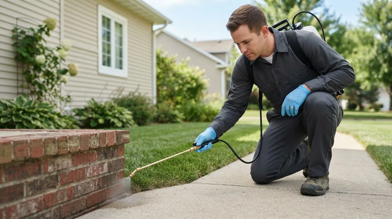 Pest control technician treating a home near Chandler, IN