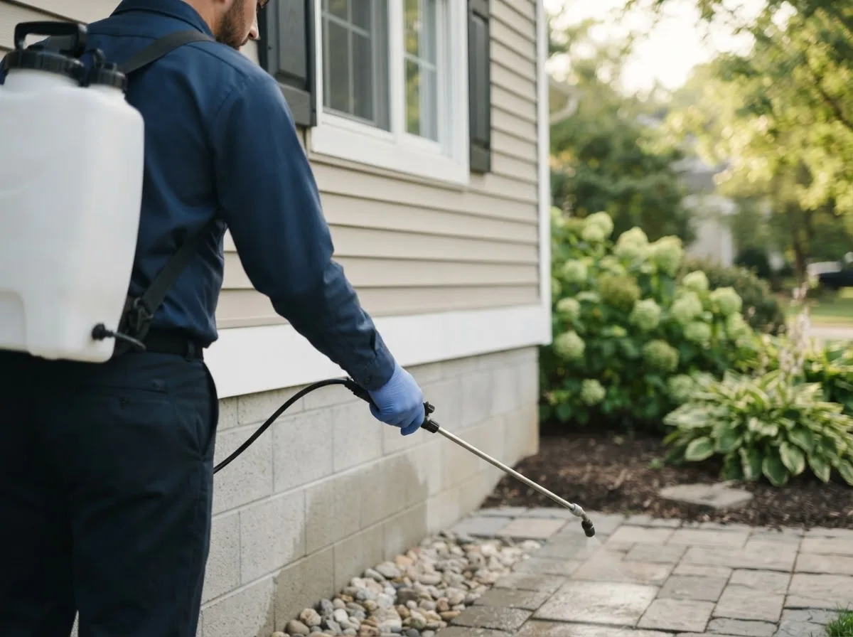 Pest control technician inspecting a home in Chandler, IN